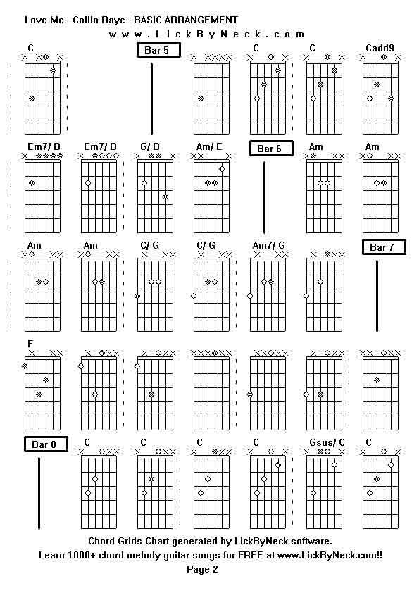 Chord Grids Chart of chord melody fingerstyle guitar song-Love Me - Collin Raye - BASIC ARRANGEMENT,generated by LickByNeck software.